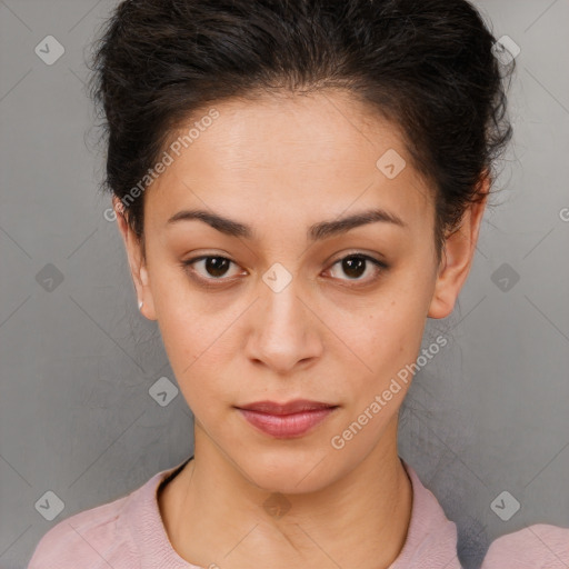 Neutral asian young-adult female with short  brown hair and brown eyes