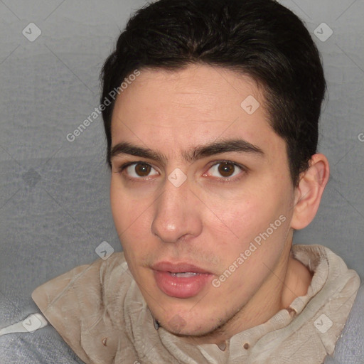 Neutral white young-adult male with short  brown hair and brown eyes