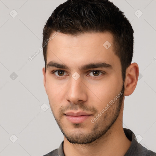 Neutral white young-adult male with short  brown hair and brown eyes