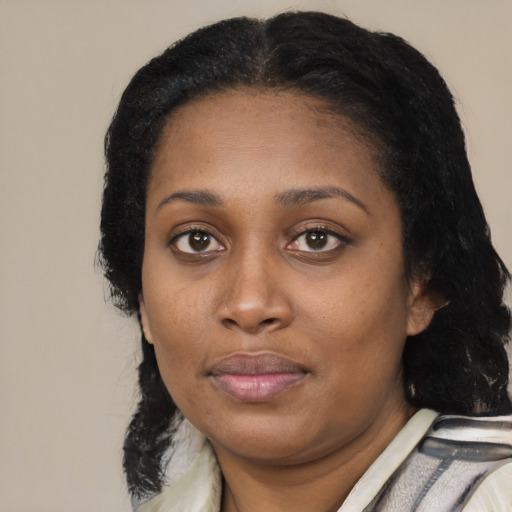 Neutral asian young-adult female with medium  black hair and brown eyes