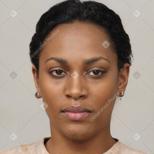 Neutral black young-adult female with short  black hair and brown eyes