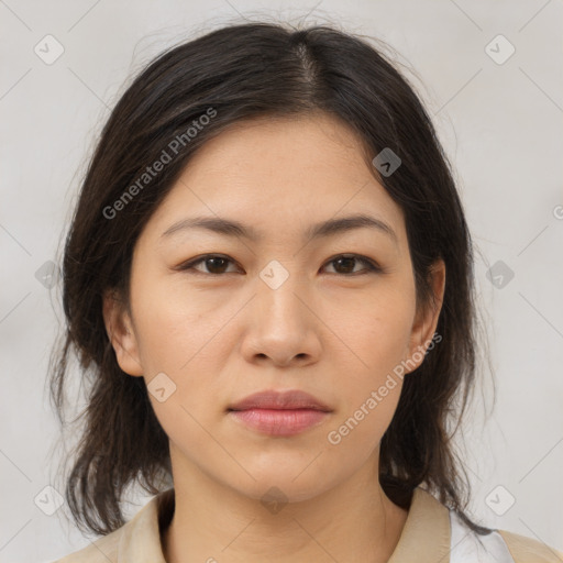 Neutral asian young-adult female with medium  brown hair and brown eyes