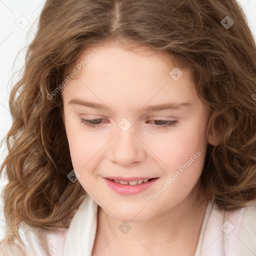 Joyful white child female with medium  brown hair and brown eyes