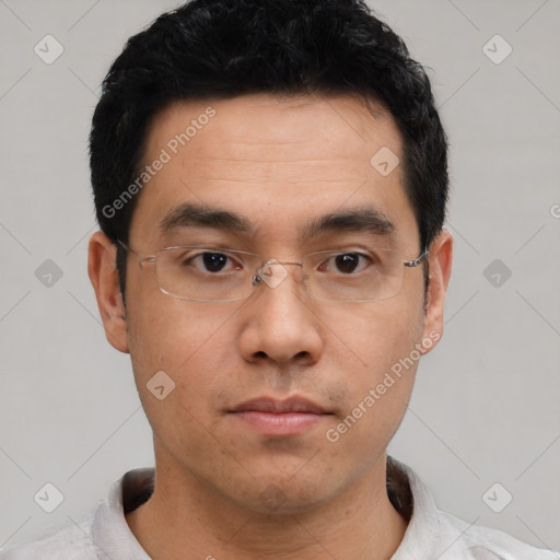 Neutral asian young-adult male with short  black hair and brown eyes