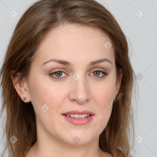 Joyful white young-adult female with long  brown hair and grey eyes