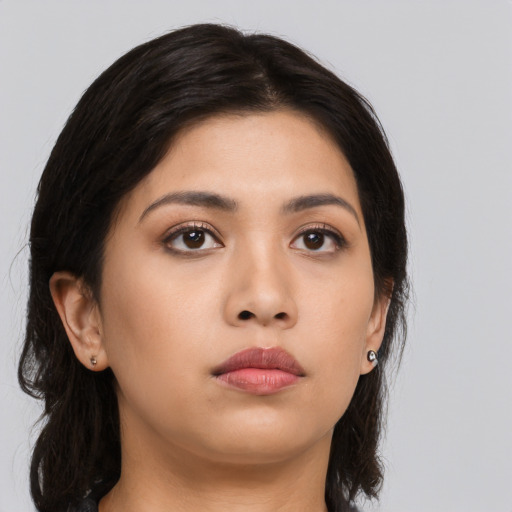 Neutral asian young-adult female with long  black hair and brown eyes