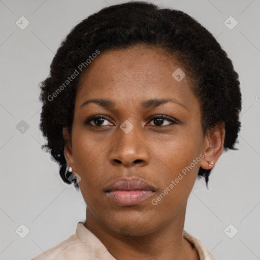 Neutral black young-adult female with short  brown hair and brown eyes