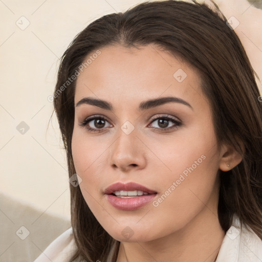 Neutral white young-adult female with medium  brown hair and brown eyes