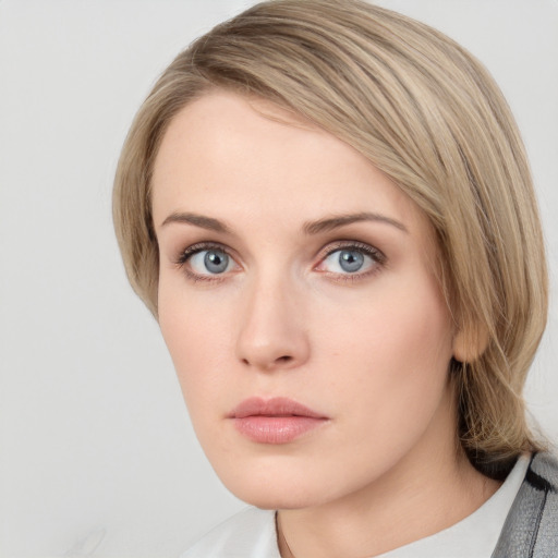 Neutral white young-adult female with medium  brown hair and blue eyes