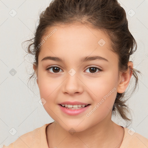 Joyful white child female with medium  brown hair and brown eyes