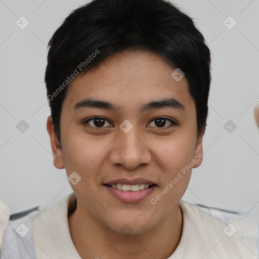 Joyful asian young-adult female with short  brown hair and brown eyes