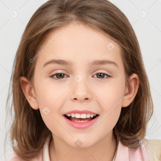 Joyful white child female with medium  brown hair and brown eyes