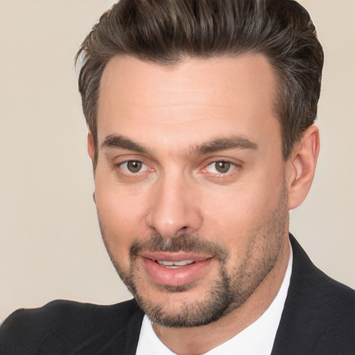 Joyful white young-adult male with short  brown hair and brown eyes