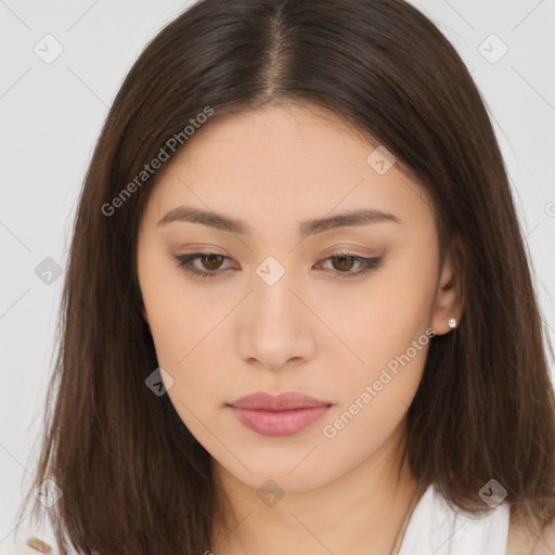 Neutral white young-adult female with long  brown hair and brown eyes