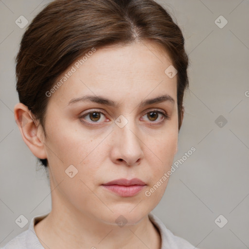 Neutral white young-adult female with short  brown hair and brown eyes