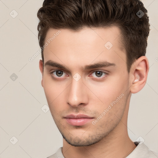 Neutral white young-adult male with short  brown hair and brown eyes