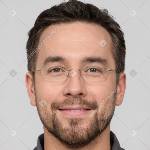 Joyful white adult male with short  brown hair and brown eyes