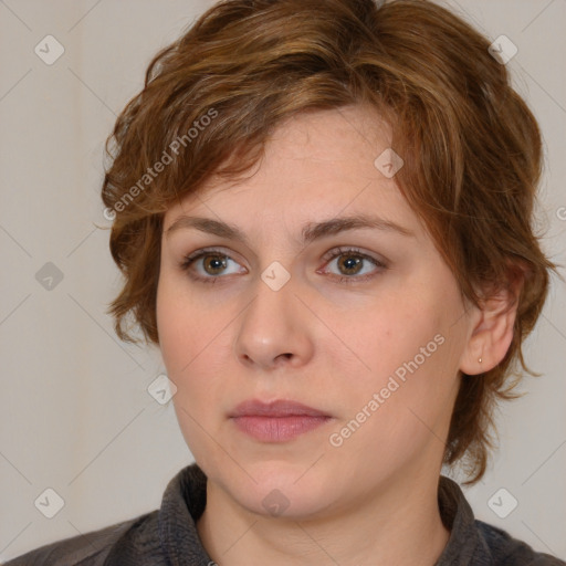 Neutral white young-adult female with medium  brown hair and brown eyes