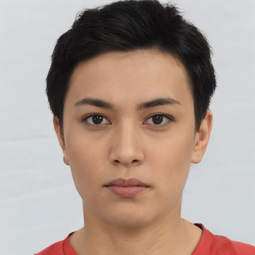 Neutral asian young-adult female with short  black hair and brown eyes
