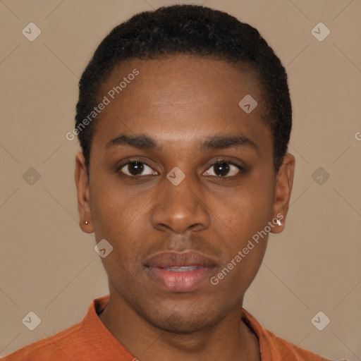 Neutral black young-adult male with short  black hair and brown eyes