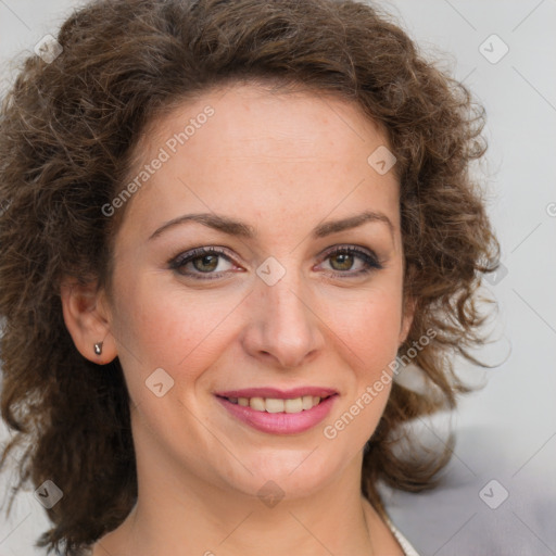 Joyful white young-adult female with medium  brown hair and green eyes