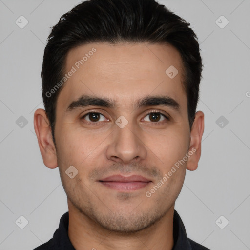 Joyful white young-adult male with short  brown hair and brown eyes