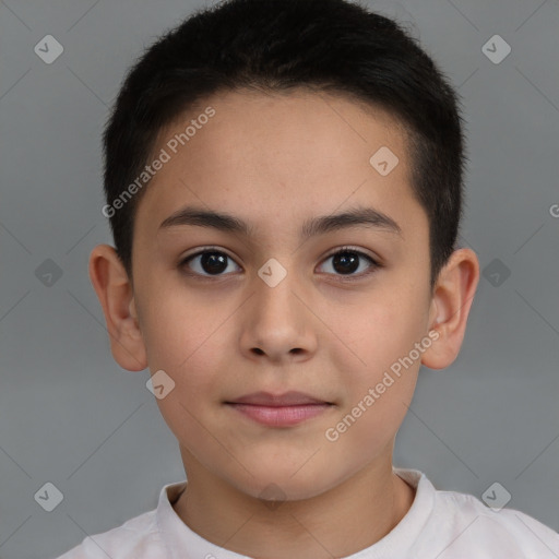 Joyful white child female with short  brown hair and brown eyes