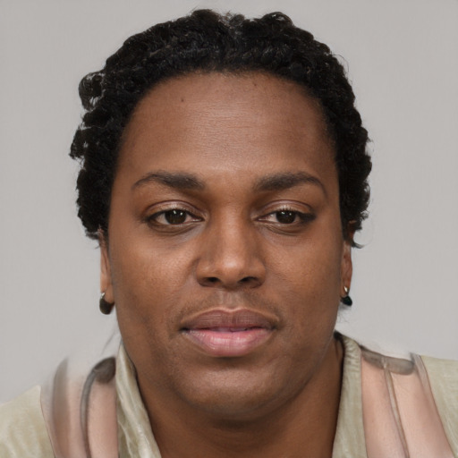 Neutral black young-adult female with short  brown hair and brown eyes