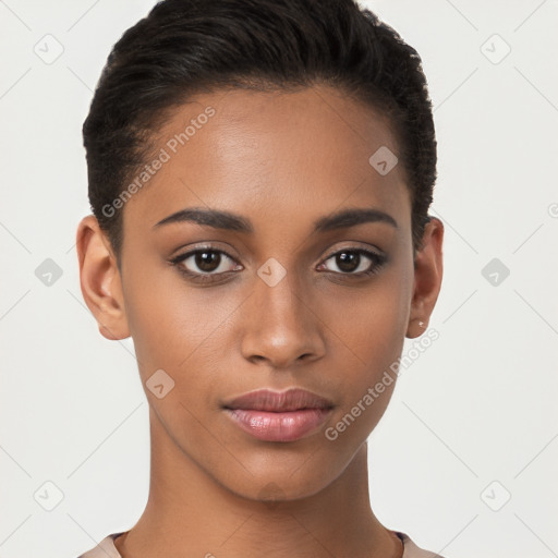 Joyful latino young-adult female with short  brown hair and brown eyes