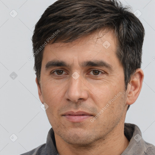 Neutral white adult male with short  brown hair and brown eyes