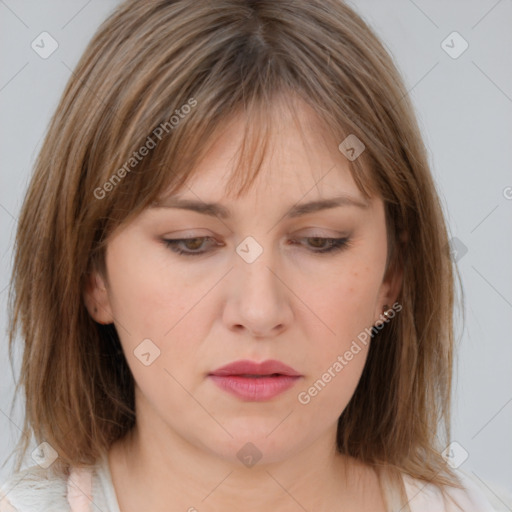 Neutral white young-adult female with medium  brown hair and brown eyes