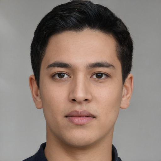 Neutral asian young-adult male with short  black hair and brown eyes