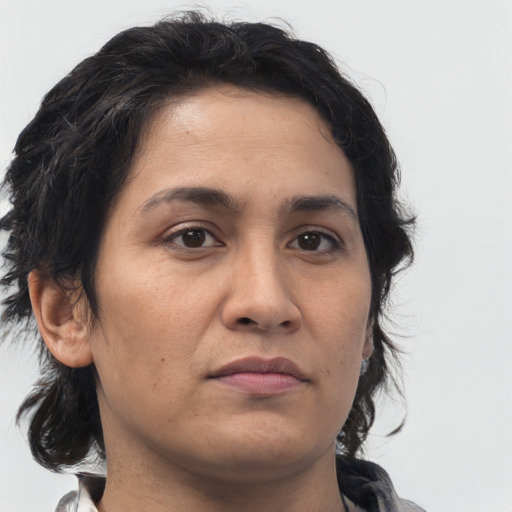 Neutral asian young-adult female with medium  brown hair and brown eyes