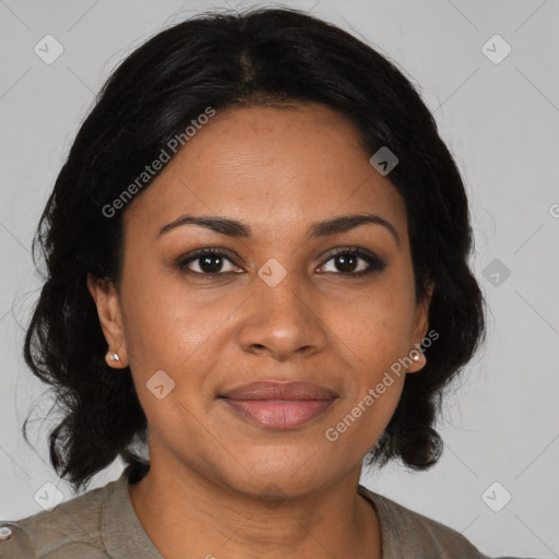 Joyful black young-adult female with medium  brown hair and brown eyes