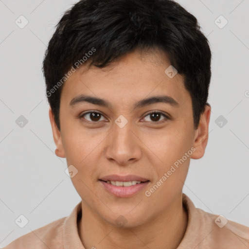 Joyful asian young-adult female with short  brown hair and brown eyes