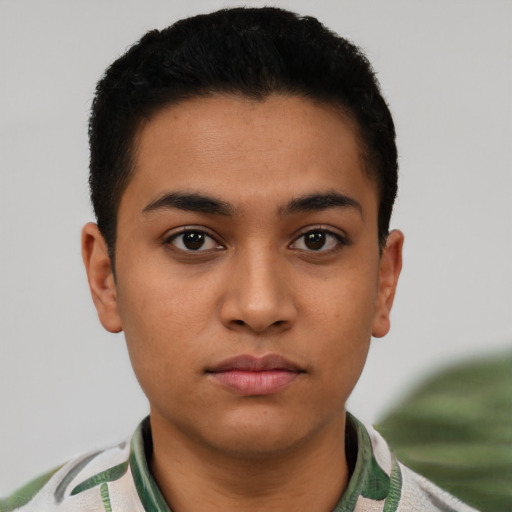 Neutral latino young-adult male with short  brown hair and brown eyes