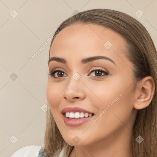 Joyful white young-adult female with long  brown hair and brown eyes