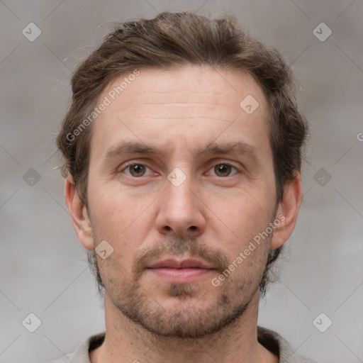 Neutral white adult male with short  brown hair and brown eyes