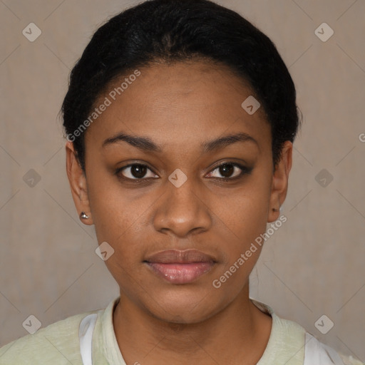 Joyful latino young-adult female with short  black hair and brown eyes