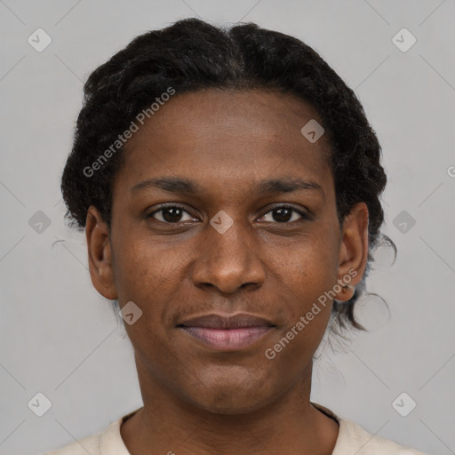 Joyful black young-adult male with short  brown hair and brown eyes