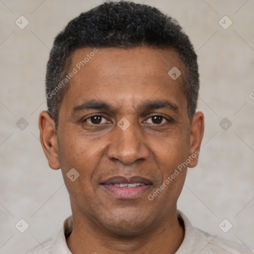 Joyful black adult male with short  brown hair and brown eyes