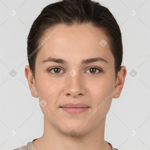 Joyful white young-adult female with short  brown hair and brown eyes