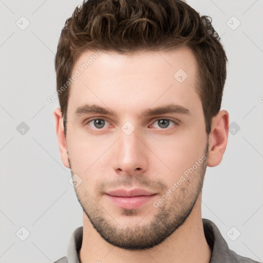 Neutral white young-adult male with short  brown hair and grey eyes