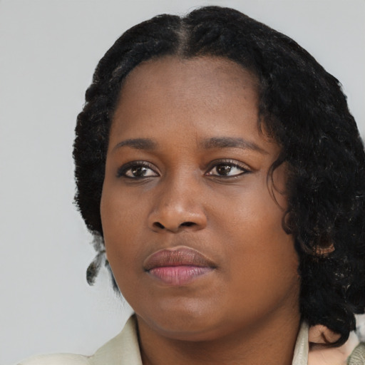 Neutral black young-adult female with medium  black hair and brown eyes