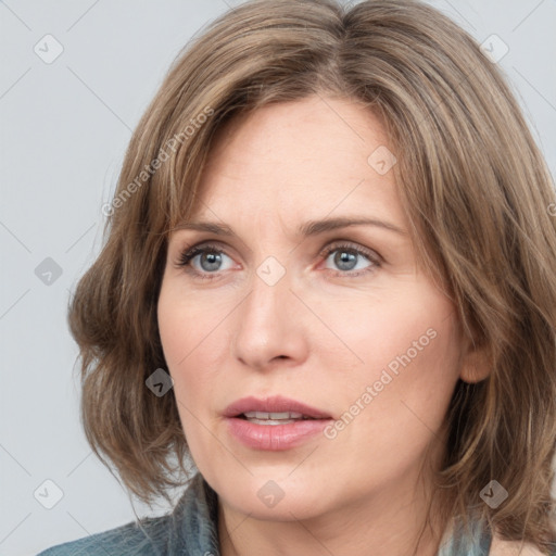 Neutral white young-adult female with medium  brown hair and grey eyes