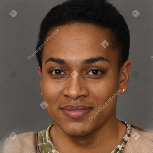 Joyful black young-adult female with short  black hair and brown eyes