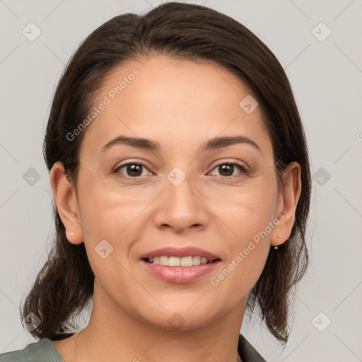 Joyful white young-adult female with medium  brown hair and brown eyes