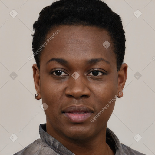 Neutral black young-adult female with short  black hair and brown eyes