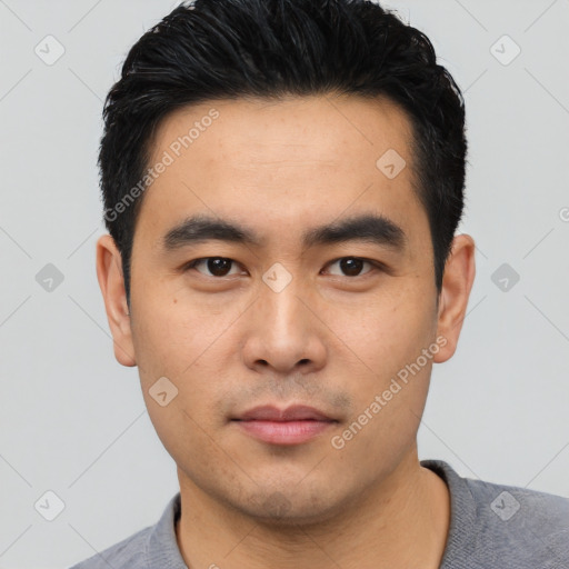 Neutral asian young-adult male with short  black hair and brown eyes