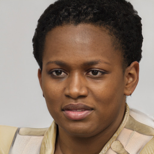 Joyful black young-adult female with short  brown hair and brown eyes